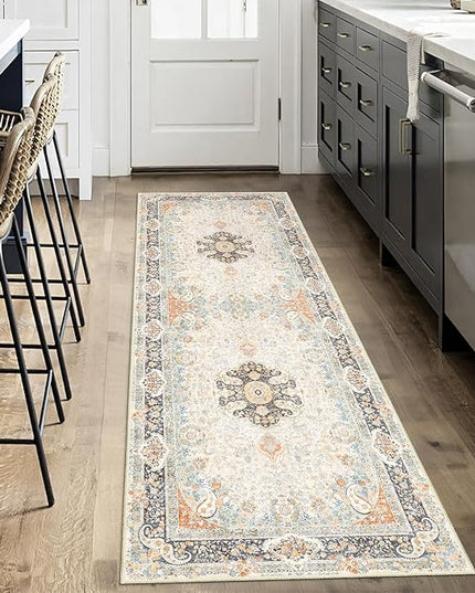 Washable Runner Rug 2x6,Vintage Rug Runners Non Slip,Long Boho Rugs for Hallways Kitchen Bedroom Entryway Living Room Bathroom,Bohemian Distressed Floor Carpet,Retro Blue Grey Floral