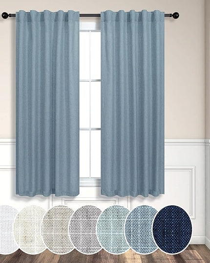 Pitalk Blue Curtains 38 Inch Wide for Small Window 2 Panel Set Back Tab Rod Pocket Linen Blend Semi Sheer Cafe Tier Narrow Curtain for Bathroom Kitchen Door Basement Width 38x45 Inch Length Stone Blue