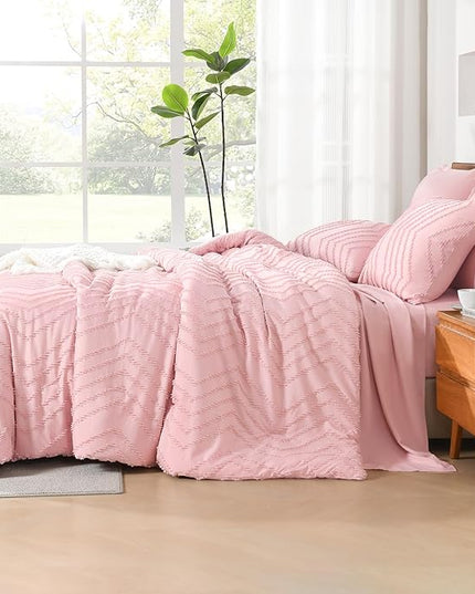 Litanika Pink King Size Comforter Set with Sheets - 7 Pieces Bed in a Bag King Boho Tufted Complete Bedding Sets with Comforter, Sheets, Pillowcases & Shams