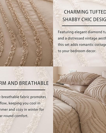 Khaki Queen Comforter Set - 7 Pieces Bed in a Bag, Premium Comforters Queen Size Bed Set Tufted Shabby Chic Bedding Comforter Set with Flat Sheet, Fitted Sheet and Pillowcases,Khaki