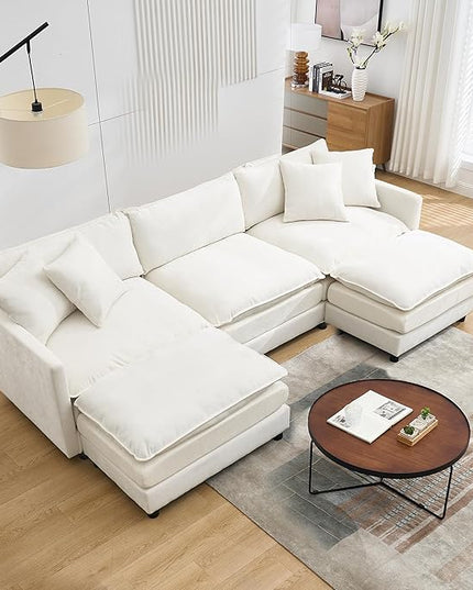 U-Shaped Modular Sectional Sofa Set with Ottomans - 108" Modern Corduroy Cloud Couch for Living Room (3-Seater + 2 Movable Ottomans + 3 Pillows) - Chenille Fabric in Beige