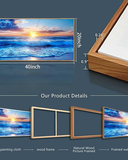 Wapluam Large Wall Art For Living Room Decorations For Bedroom Office Wall Decor Wood Framed Canvas Wall Painting Blue Sea Wave Pictures Artwork For Modern Beach Seascape Posters Home Decor