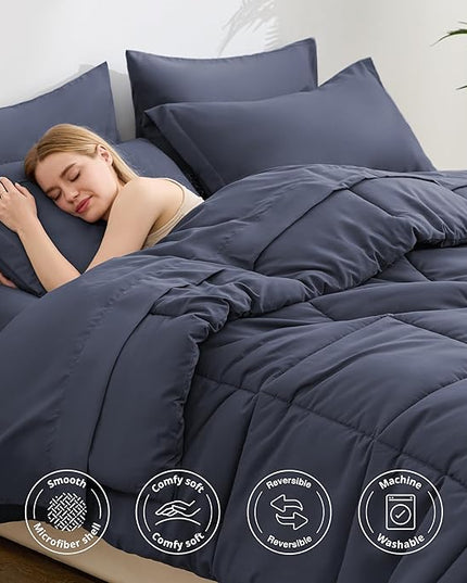Love's cabin Twin Comforter Set Indigo Blue, 5 Pieces Twin Bed in a Bag, All Season Bedding Sets with 1 Comforter, 1 Flat Sheet, 1 Fitted Sheet, 1 Pillowcase and 1 Pillow Sham