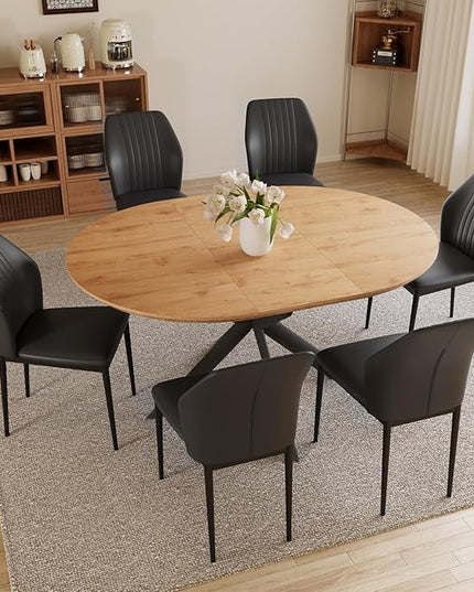 43.2"-59.1" Extendable Dining Table Set with Metal Legs, Wooden Round Kitchen Table for 4-6 Person, Oak Coffee Table w/Easy-Clean Tabletop
