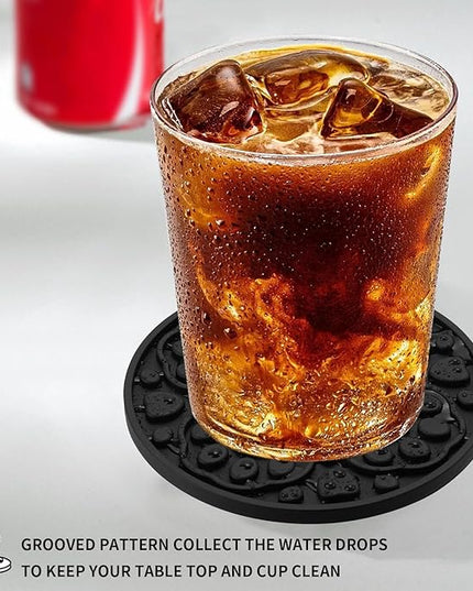 Black Silicone Coaster with Holder, 4 Inches Modern Bar Coasters Set of 6 for Desk, Tabletop Non Slip Decorative Cup Mat for Coffee, Drinks, Beer, Beverage - Dishwasher Safe