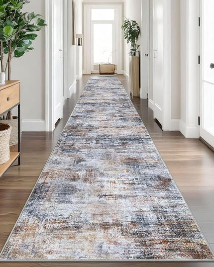 IOHOUZE Abstract Runner Rug 3x18 Ft Washable Runners for Hallways, Non Slip Kitchen Runner Printed Faux Wool Entryway Runner Indoor, Modern Abstract Floor Carpet for Hall Stair, Orange Grey