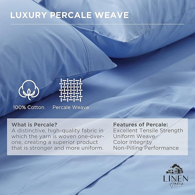 Linen Home 100% Cotton Percale Pillowcases Queen Size, Baby Blue, 2 Pieces of Pillow Case, Crisp and Cool Strong Bed Linen, 20 inches X 30 inches
