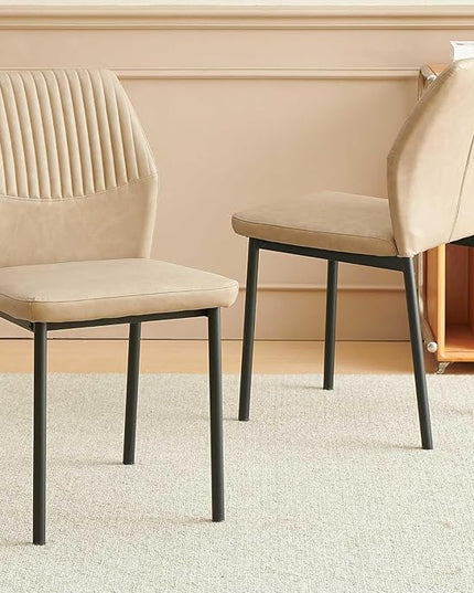 PU Leather Dining Chairs Set of 2, Mid-Century Modern Beige Leather Kitchen Chairs, Armless Dining Room Chairs with Black Metal Legs for Dining Room, Living Room