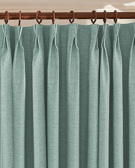 Textured Linen Double Pleats 100% Blackout Curtains for Bedroom/Living Room Blackout Curtains 108 Inches Long, Energy Saving Window Treatment Curtains,42Wx108Lx2,Green
