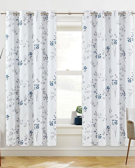 Beauoop Floral 100% Blackout Curtains 72 Inches Long 2 Panels for Bedroom Living Room Blue Grey and White Flower Patterned Room Darkening Thermal Soundproof Grommet Window Treatments Drapes, 52X72