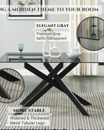Modern Style Dining Table with Gray Tempered Glass Top and Black Metal Tubular Legs, 58.5”Lx29”Wx30”H
