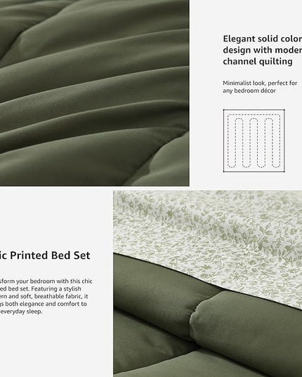 Monbix Queen Comforter Set - 7 Pieces Olive Green Bed in a Bag Queen Track Stitching Bedding Sets, All Seasons Down Alternative Comforter Bed Set with Sheets,Pillowcases & Shams