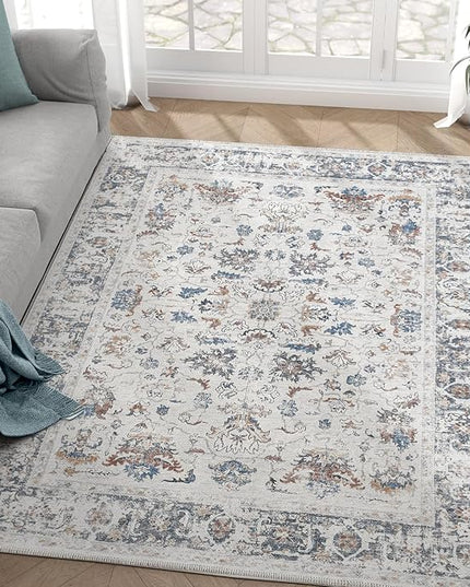 jinchan Area Rug 5x7 Living Room Rug - Washable Vintage Boho Floral Print Floor Cover Lightweight Low Pile Thin Non-Slip Retro Distressed Carpet for Bedroom Dining Room Kitchen Office Grey Multi