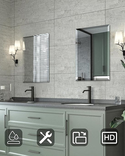Mirrorons Beveled Mirror, Bathroom Mirrors for Wall 18" x 24", Frameless Rectangle Bathroom Mirror with Beveled Edge, Hangs Horizontally or Vertically, Tempered Glass Upgraded Packing