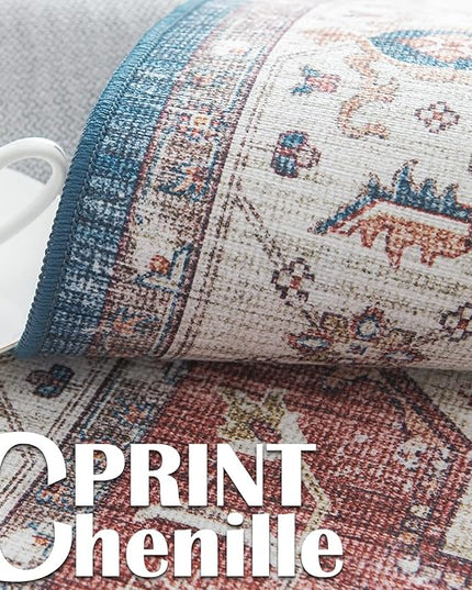 jinchan 5x7 Area Rugs for Bedroom - Machine Washable Tribal Vintage Floral Stain Resistant Ultra-Thin Low-Pile Non-Slip Distressed Carpet for Living Room Dining Room Kitchen