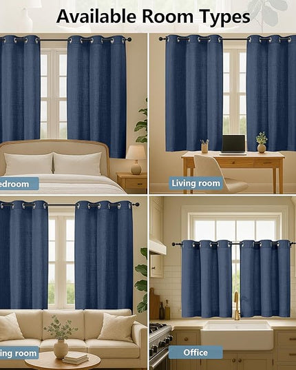 Chyhomenyc Blue Curtains 36 Inch Length, Light Filtering Faux Linen Textured Small Kitchen Window Curtains Over Sink, Thick Grommet Short Cafe Curtain for Cabinet Bathroom Basement, 40Wx36L, 2PCS