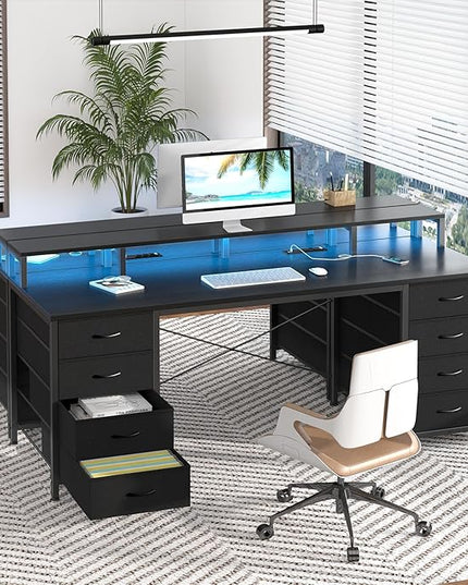 60 Inch Computer Desk with 8 Drawers, Gaming Desk with LED Lights & Power Outlets, Home Office Desk with Monitor Stand, Black