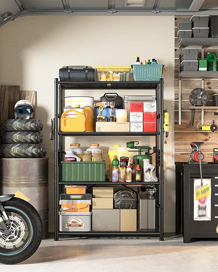 Storage Shelves 4-Tier Large Capacity Metal Shelving with Hooks, Heavy Duty Garage Shelving Unit with Leveling Feet, Stable Metal Shelves for Pantry, Kitchen and Closet,36" W x 12" D x 60" H, Black