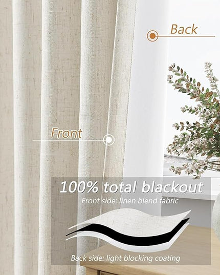 Guken 100% Blackout Cream Linen Curtains 52 Inch Wide by 114 Inch 2 Panels Set for Living Room Bedroom Back Tab Thermal Insulated Black Out Linen Drapes Room Darkening Window Curtains