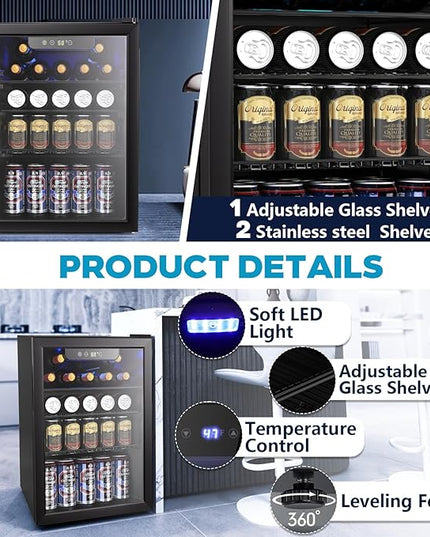 2.7 Cu.ft Beverage Refrigerator Cooler, 95 Can Mini Fridge Glass Door with Adjustable Shelves, Digital Temperature Display, Freestanding Small Drink Fridge for Home, Office or Bar(Black)