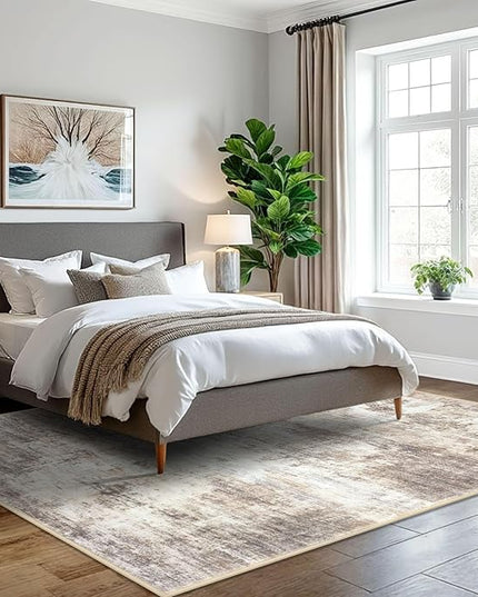 IOHOUZE Abstract Area Rugs 5x7 Ft Washable Rugs for Living Room, Non Slip Dining Room Rug, Printed Faux Wool Rugs for Bedroom, Floor Carpet for Office Nursery Playroom, Beige Brown