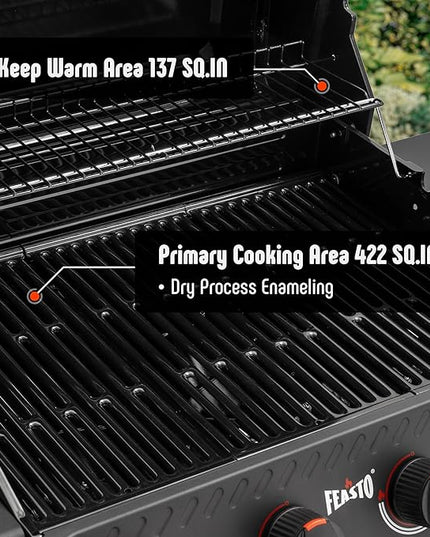 4 Burner Gas Grill, 36,000 BTU Outdoor BBQ Grill with Side Table for Outdoor Cooking & Backyard Barbecue, Premium Enameled Coated Chamber Body with Porcelain-Enameled Grates, Black