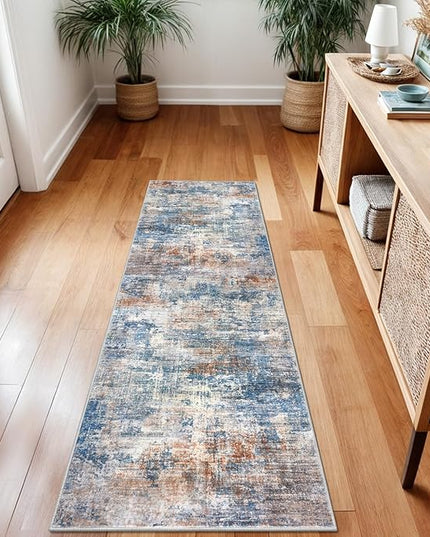 IOHOUZE Abstract Runner Rug 2x7 Ft Washable Runners for Hallways, Non Slip Kitchen Runner Printed Faux Wool Entryway Runners Indoor, Modern Abstract Floor Carpet for Hall Kitchen Bedroom, Blue Rust