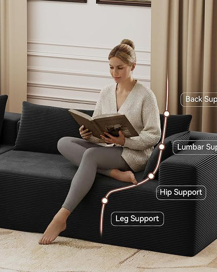 ALISH 111 Inch L-Shaped Cloud Sectional Sofa Couch, Compression Couch with Chaise, Modular Deep Seat Boneless Design for Easy Setup, Plush Upholstered Living Room Bedroom Apartment Furniture, Black