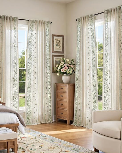 jinchan Winslow 4 Panel Curtains Set 84 Inch Length Embroidered Bordered Floral Curtains for Living Room Farmhouse Decor Light Filtering Window Treatments Sage on Beige Drapes 4 Panels