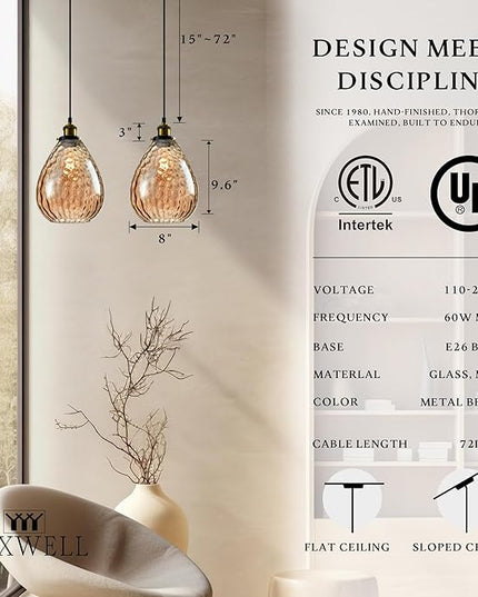 Modern Glass Pendant Light, 8"x9.6" Amber Ribbed Hanging Light Fixture with Gold Cap, 15"-72" Adjustable Cord, E26 Socket for Kitchen or Entryway – Sunrise Glow Teardrop