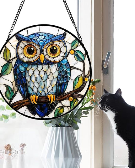 Stained Glass Window Hanging, Owl Gifts for Women Sun Catchers Diamond Glass Panel Hangings Birds Suncatcher Decor for Birthday for Women, Men, Wife, Aunt, and Mom 14.9x14.9 in