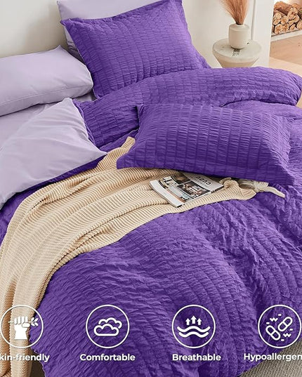 HYMOKEGE Dark Purple/Lavender Queen Comforter Set Seersucker 7 Pieces, All Season Luxury Bed in a Bag Queen for Bedroom, Bedding Set with Comforter, Sheets, Pillowcases & Shams