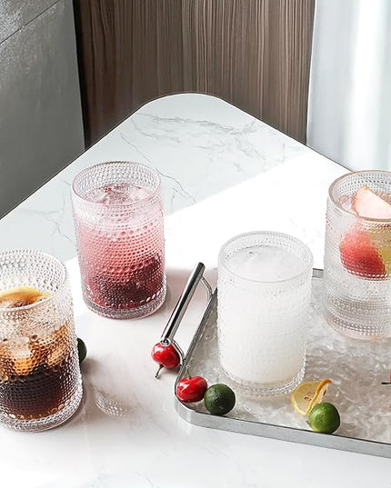 Hobnail Drinking Glasses Set of 6, 16 Oz Vintage Embossed Glass Cup Water Glasses Kitchen Glassware for Cocktails, Beer, Juice, Whiskey