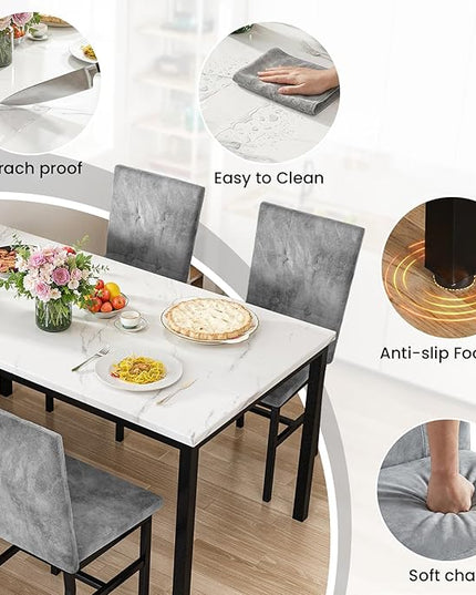 Hooseng Dining Room Table Set 5 Piece Dining Table Set Marble Dining Table 4 Chair Dining Table Set for Kitchen Living Room Breakfast Small Spaces (White & Grey)