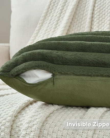 FUTEI Olive Green Throw Pillow Covers Set of 2, 16x16 Inch Striped Texture Cushion Cases with Soft Faux Rabbit Fur Front & Velvet Back, Modern Decorative Couch Pillows for Living Room