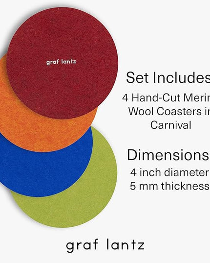 Graf Lantz - Bierfilzl Merino Wool Round Coasters Set of 4 - Carnival (4"x4"x5mm) - Absorbs 30% of Weight - Natural German Wool - Heat Resistant, Sustainable, Reusable - Home Decor