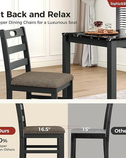 Sophia & William 5 Piece Dining Table Set for 4, Faux Marble Kitchen Table and Chairs Set, Solid Wood Farmhouse Dinner Table Set,Veined Black Marble & Gray