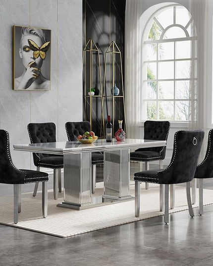 HomVent 68.11'' Faux Marble Dining Table Set for 6, Modern Rectangle Kitchen Table with Stainless Steel Base (Silver Table with 6 Black Chairs, 7 Pieces)