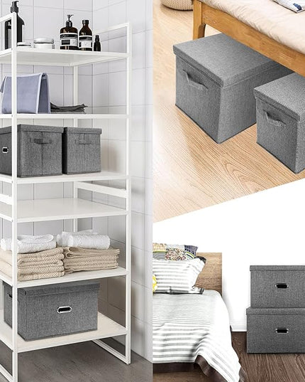 Large Linen Fabric Foldable Storage Bins with Removable Lid and Handles, Washable Storage Box Organizer Containers Baskets Cube with Cover for Bedroom,Office(Black, Large(2-Pack))