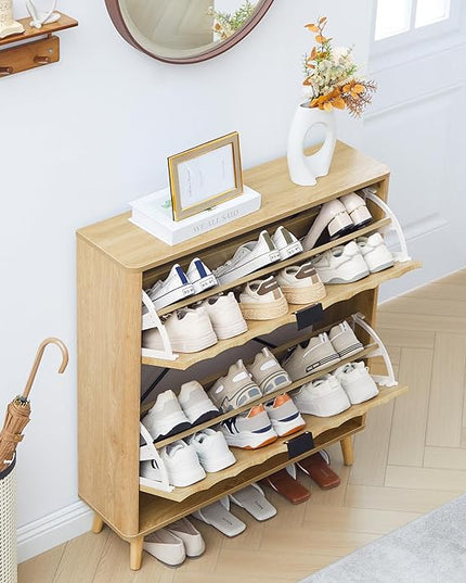 31.5” Fluted Shoe Cabinet Storage with 2 Flip Drawers,Narrow Freestanding Shoe Storage Organizer,Slim Shoe Rack Cabinet for Entryway,Hallway (Natural)