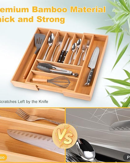 Large Premium Bamboo Silverware Organizer - Expandable Drawer Organizer & Utensil Organizer - 17"x19.7" Cutlery Tray with Dividers for Kitchen Utensils and Flatware (7-9 Slots) (Natural)