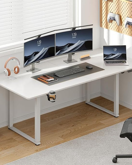 71x32 Inch Adjustable Standing Desk with 4 Legs, Stand-up Desk Features a Spacious Rectangular Top, Dual-Motor Lift, and Memory Presets (28-46Inch) for Home Offices or Computer Workstations, White