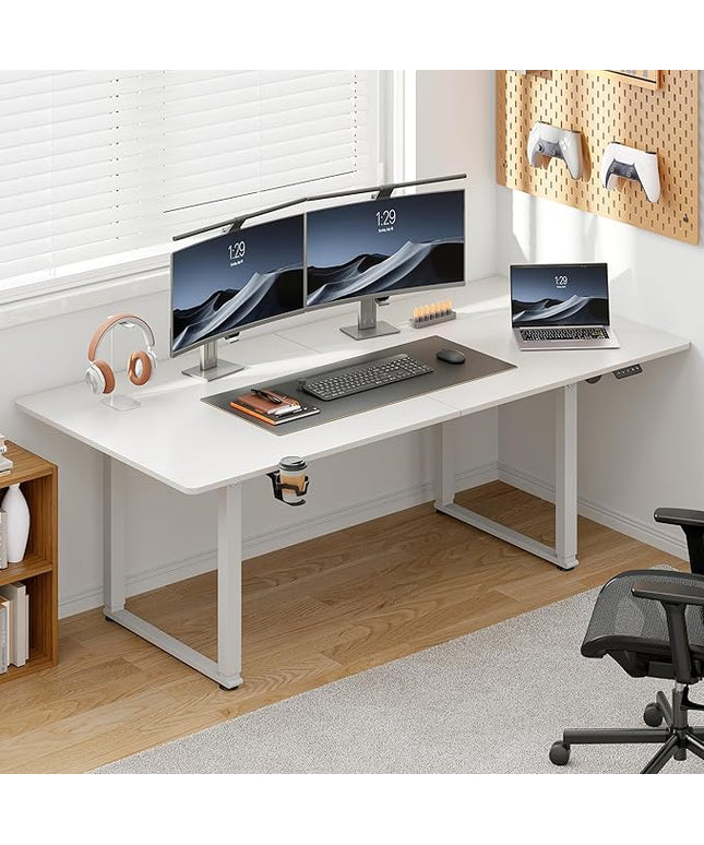 71x32 Inch Adjustable Standing Desk with 4 Legs, Stand-up Desk Features a Spacious Rectangular Top, Dual-Motor Lift, and Memory Presets (28-46Inch) for Home Offices or Computer Workstations, White