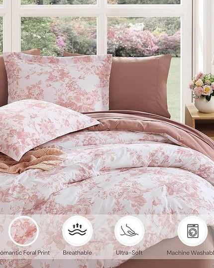 Queen Comforter Set -7 Pieces Pink Floral Comforter Set for All Seasons, Bed in a Bag Queen with Botanical Flowers Comforter, Sheets, Pillowcases & Shams