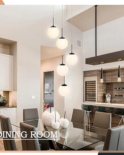 KoKo&Yukina 5-Light Globe Glass Pendant Light Adjustable Length Pendant Lights Fixtures Modern Black Chandelier with Milky White Glass Ceiling Lights for Living Room Staircase (Bulb & Remote Incl.)