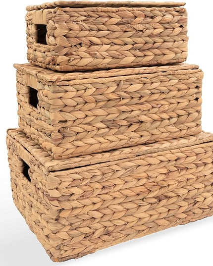 Wicker Storage Baskets with Lid, Basket With Lid Decorative Storage Rectangle 14"D X 11"W X 7"H Wicker Storage Basket With Lid Large Rattan Storage Box Hyacinth Baskets