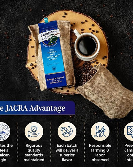 PREMIUM PLANTATION BLUE TRADITION CLASS EXPERIENCE 100% Jamaica Blue Mountain Coffee Medium Roasted and Ground (16oz)