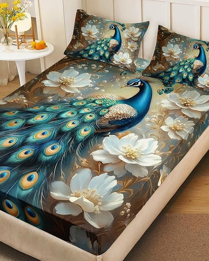 AILONEN Vintage Floral Peacock Fitted Sheet Set for Kids Girls Adult Women,Blue Floral Bird Print Bedding Set Full Size,Elegant Birds Bed Sheet Set,3-Piece 1 Sheet Set + 2 Pillowcases