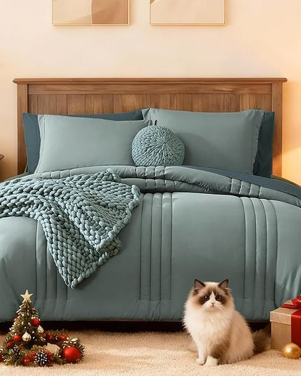 Monbix Full Size Comforter Set - 7 Pieces Sage Green Bed in a Bag Full Size Bedding Sets with Comforters, All Seasons Comforter with Sheets,Pillowcases & Shams