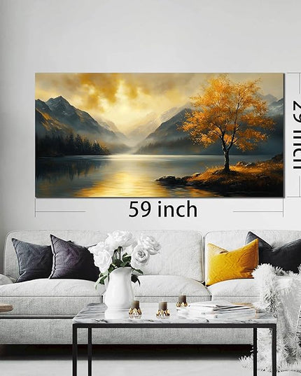 Ouzzlie Lake Wall Art Landscape Wall Decor Yellow Tree Canvas Art for Living Room Office Bedroom Sunshine Forest Large Picture 29" x 59"